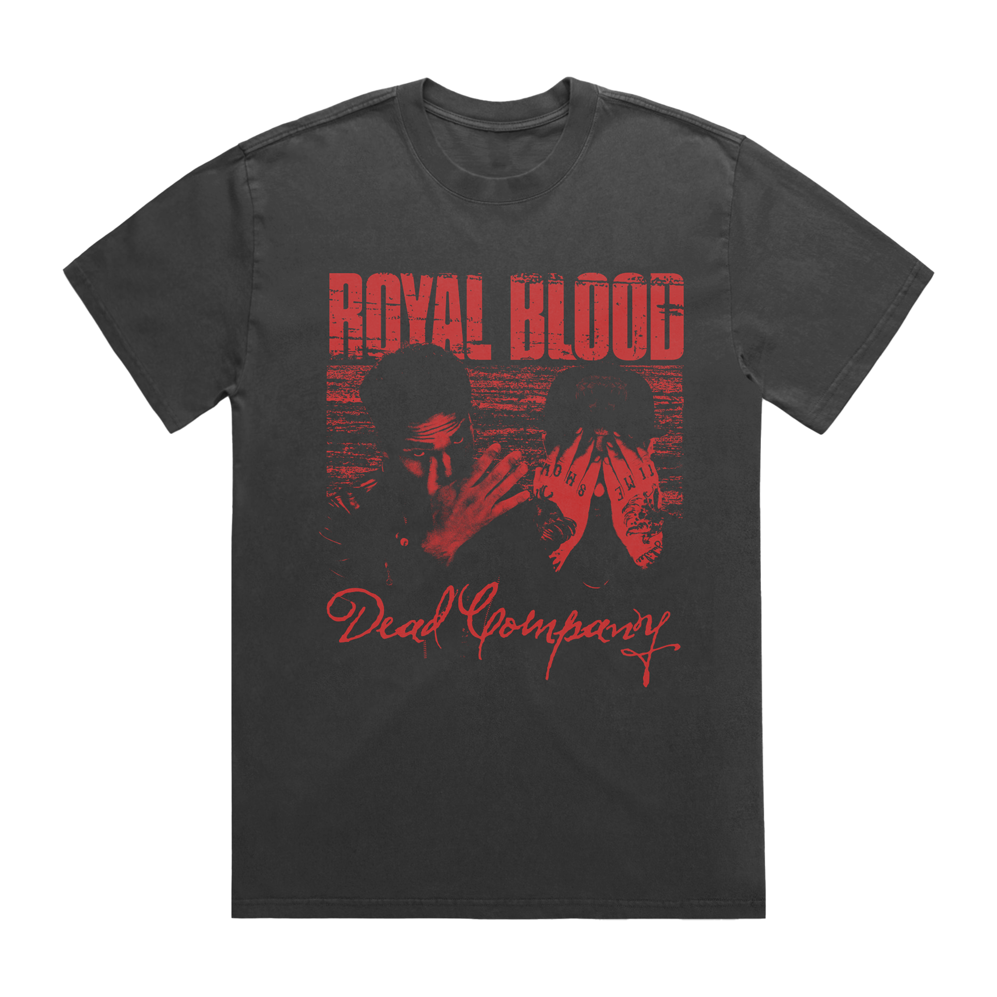 A dark charcoal gray t-shirt featuring a distressed red graphic print with the text 'ROYAL BLOOD' and 'Dead Company' over a red-tinted photo of two figures.