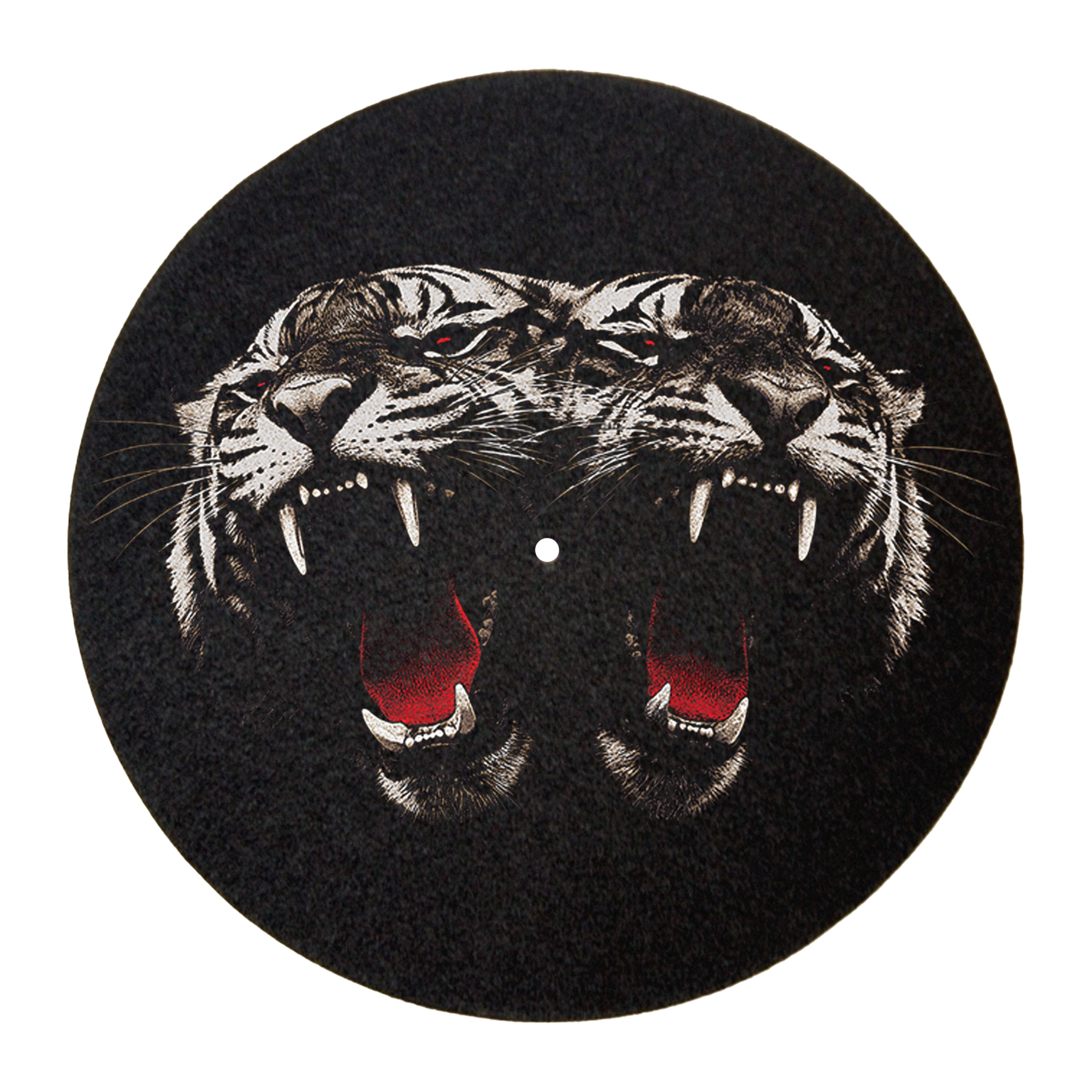 A circular black vinyl record or disc featuring a detailed graphic of two roaring tigers facing each other, with white stripes, black outlines, and bright red interiors, centered on a plain white background.