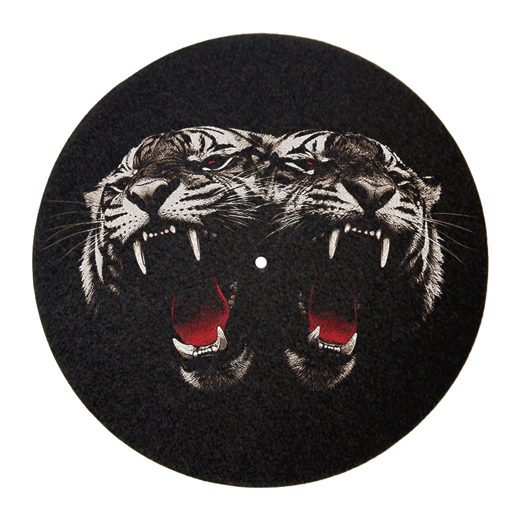 A circular black vinyl record or disc featuring a detailed graphic of two roaring tigers facing each other, with white stripes, black outlines, and bright red interiors, centered on a plain white background.