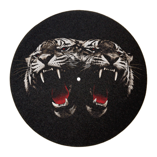 A circular black vinyl record or disc featuring a detailed graphic of two roaring tigers facing each other, with white stripes, black outlines, and bright red interiors, centered on a plain white background.