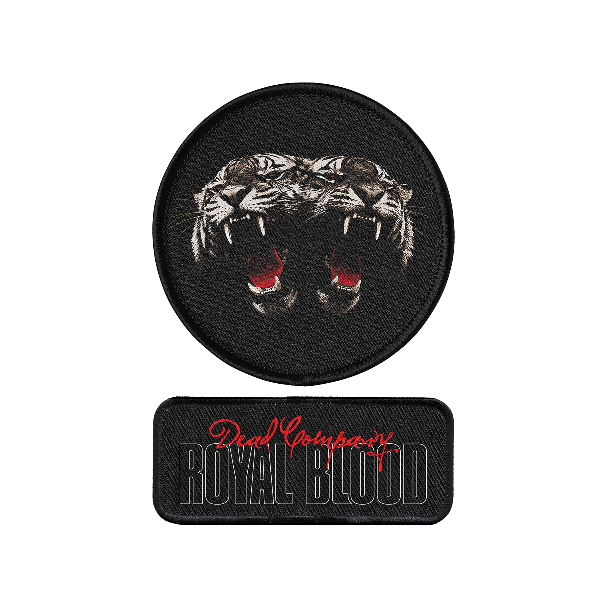 Two embroidered patches on a plain white background: a round black patch with two roaring tigers facing each other, and a rectangular black patch with the words 'Deadly Royal Blood' in white and red script.