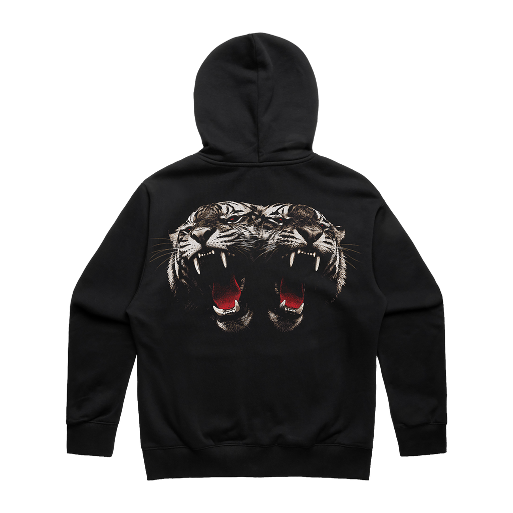 A black pullover hoodie shown from the back, featuring a large graphic print of two roaring tiger heads with open mouths and red tongue details.