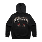 A black pullover hoodie shown from the back, featuring a large graphic print of two roaring tiger heads with open mouths and red tongue details.