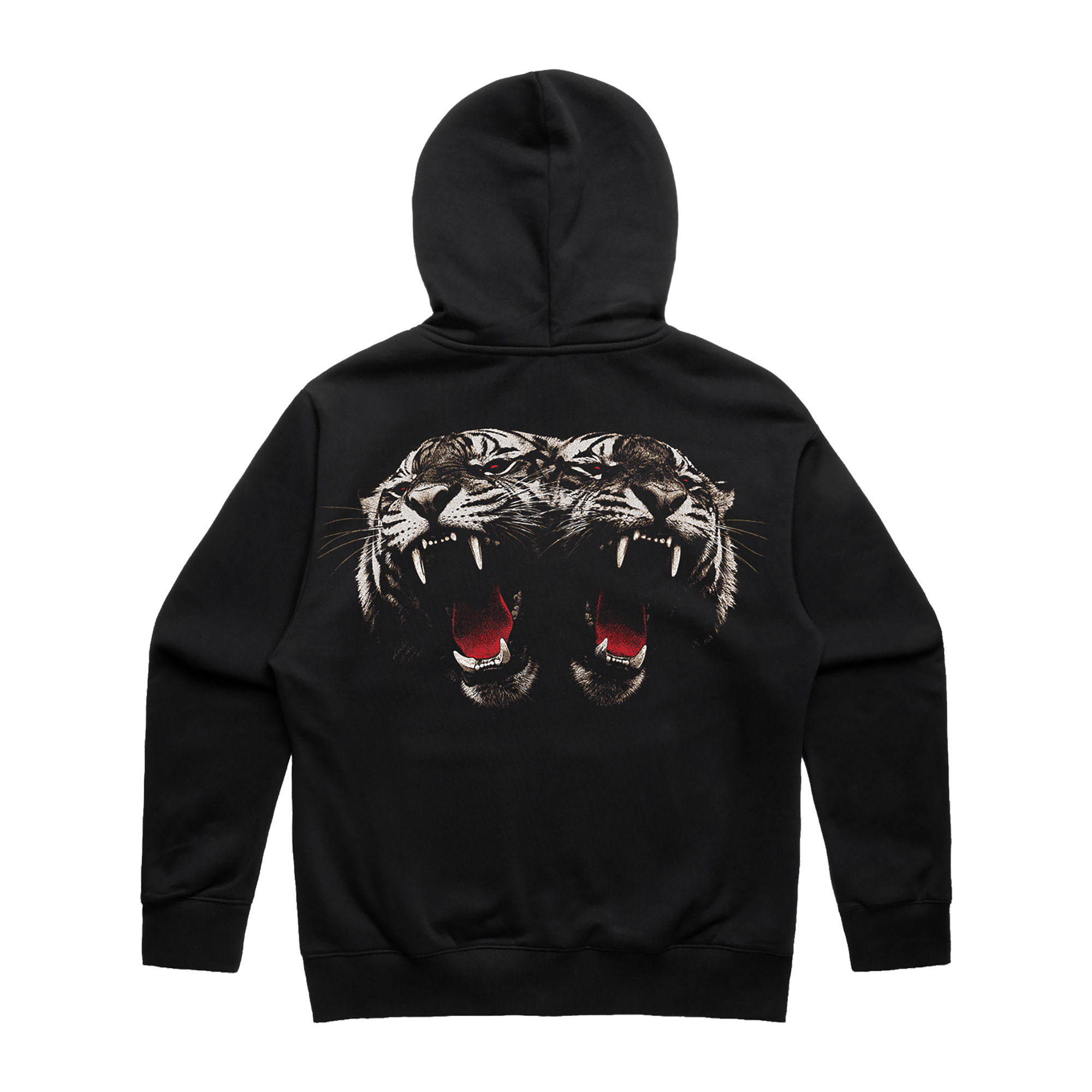 A black pullover hoodie shown from the back, featuring a large graphic print of two roaring tiger heads with open mouths and red tongue details.