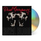 Dead Company's 'Royal Blood' album with its black cover featuring two skull faces and a partially visible iridescent CD on a white background.
