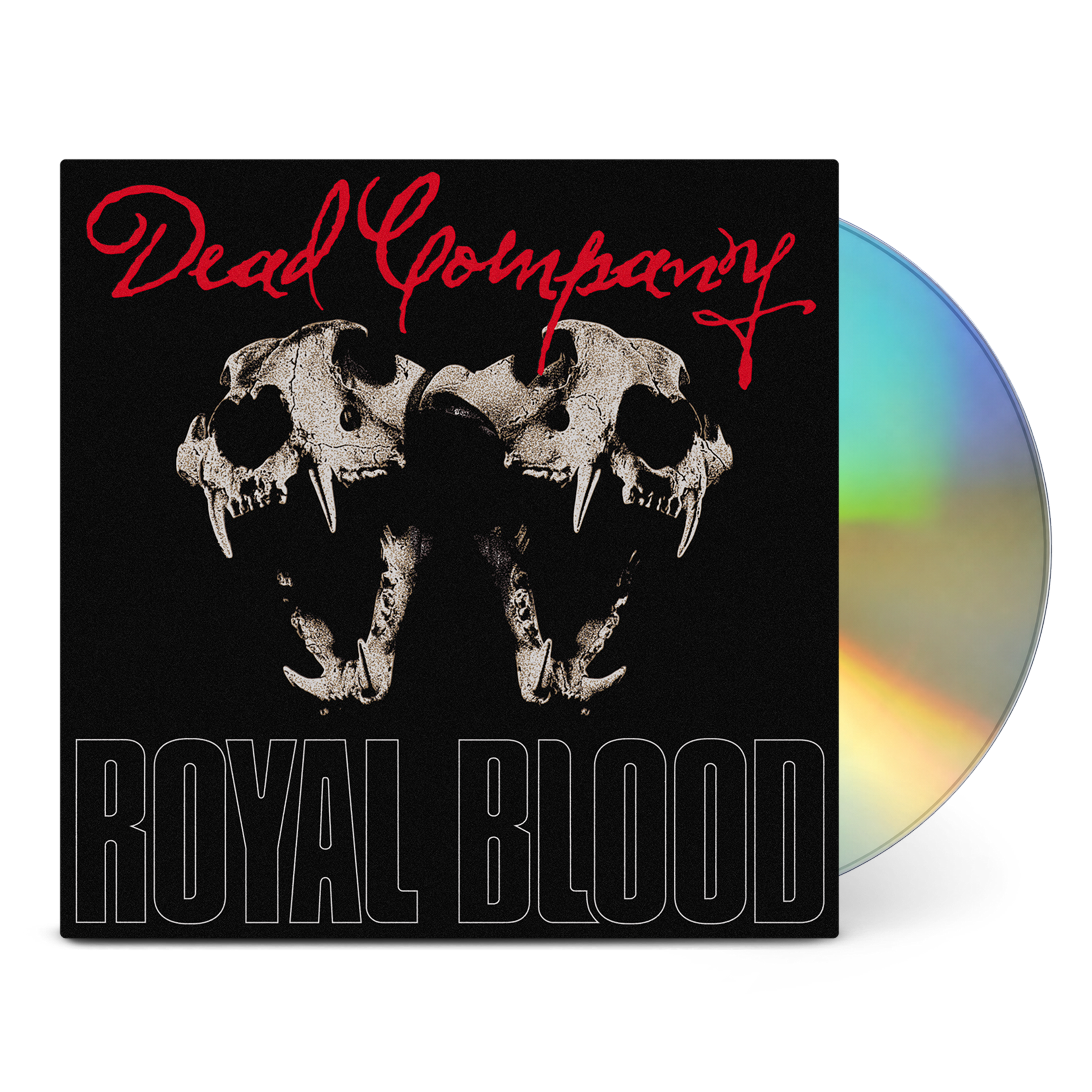 Dead Company's 'Royal Blood' album with its black cover featuring two skull faces and a partially visible iridescent CD on a white background.