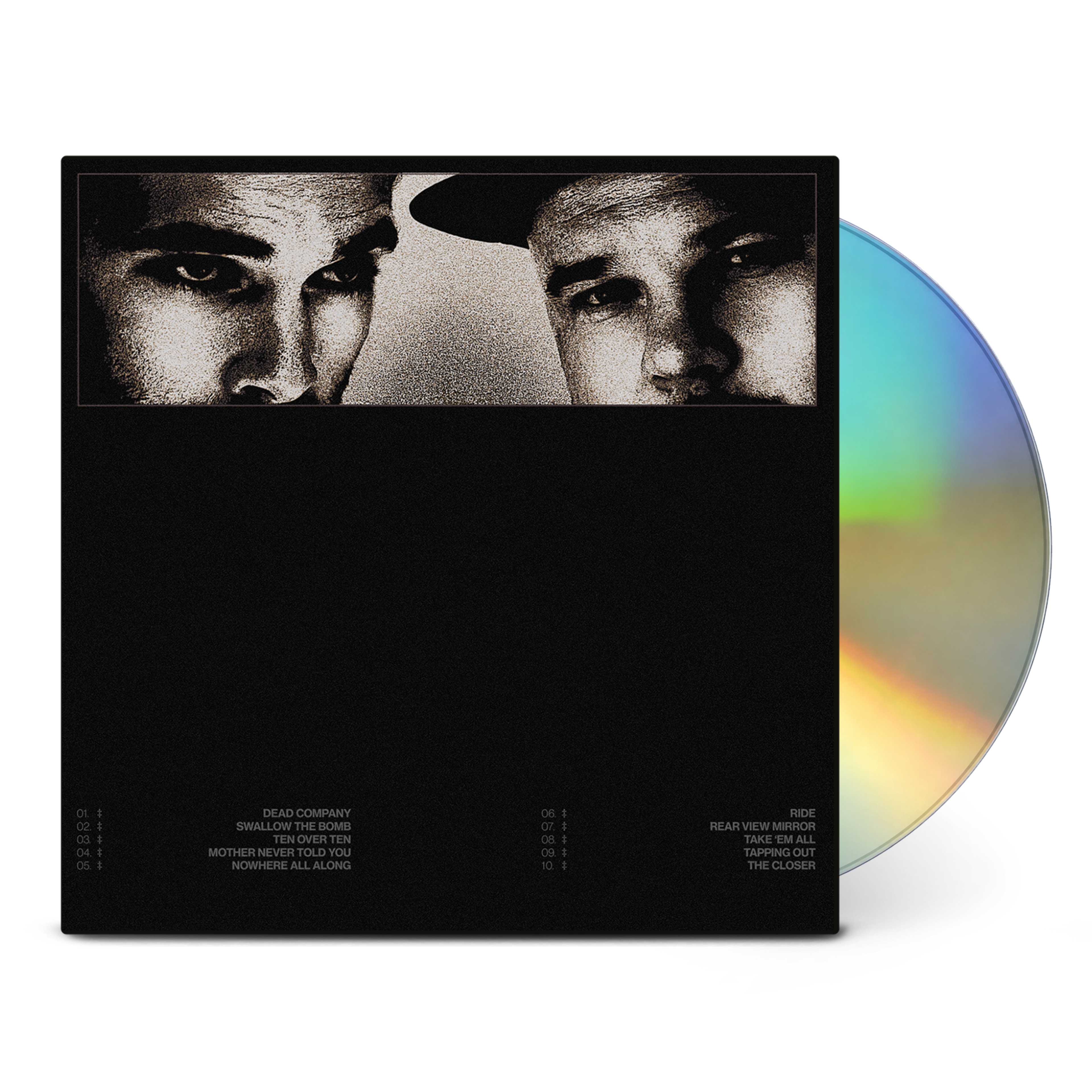 A black music album case with a high-contrast black-and-white portrait strip across the top and a partially visible iridescent CD disc behind it on a white background.