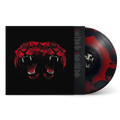 A vinyl record album shown open to reveal the black outer cover with a large red tiger face graphic, alongside a black-and-red marbled vinyl record on a white background.