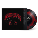 A vinyl record album shown open to reveal the black outer cover with a large red tiger face graphic, alongside a black-and-red marbled vinyl record on a white background.