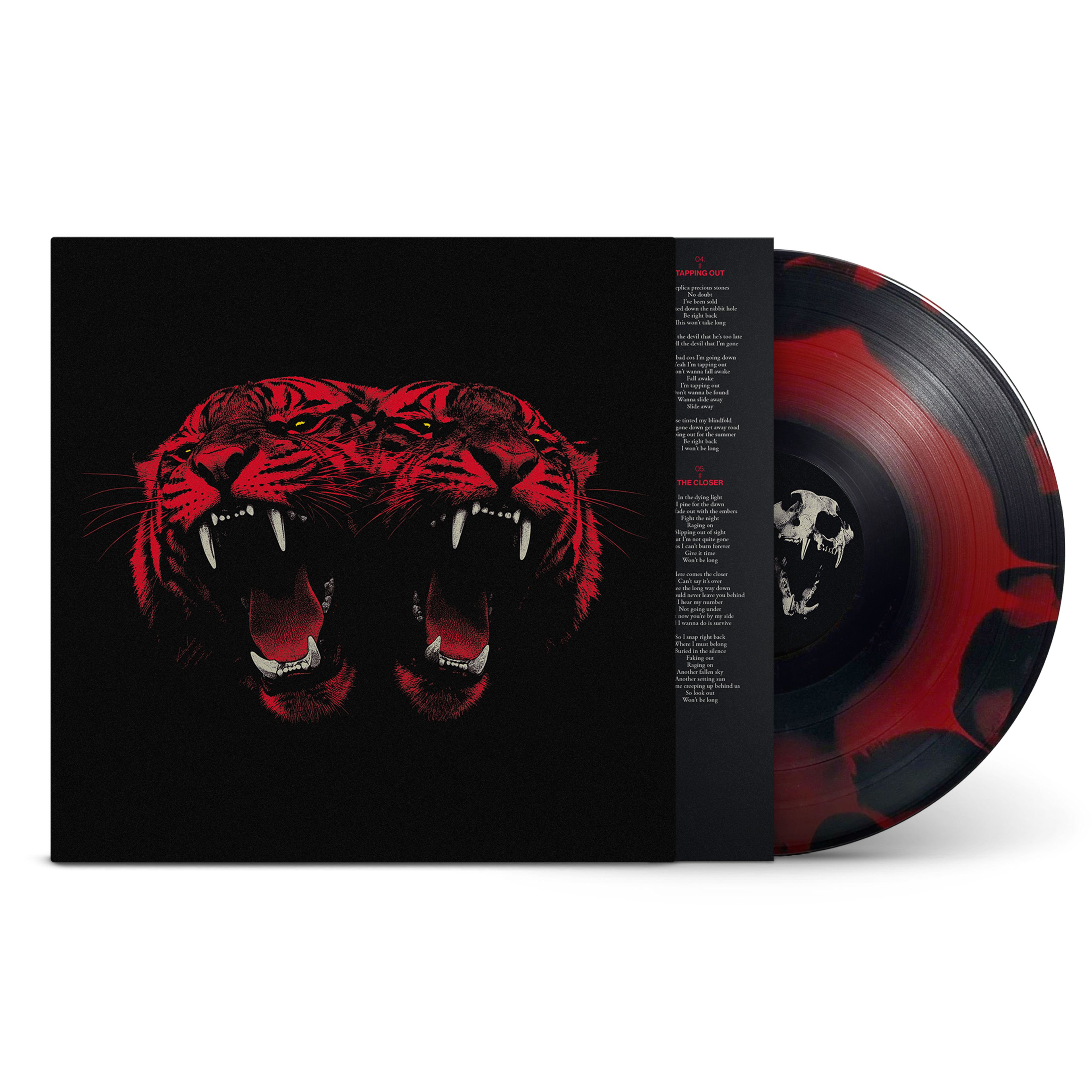 A vinyl record album shown open to reveal the black outer cover with a large red tiger face graphic, alongside a black-and-red marbled vinyl record on a white background.